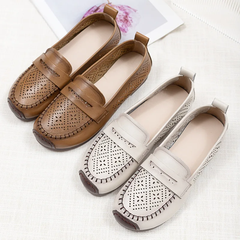 Autuspin Retro Women's Shoes Genuine Leather Flats Summer Breathable Soft Soled Loafers Novelty Leisure Hollow Out Moccasins