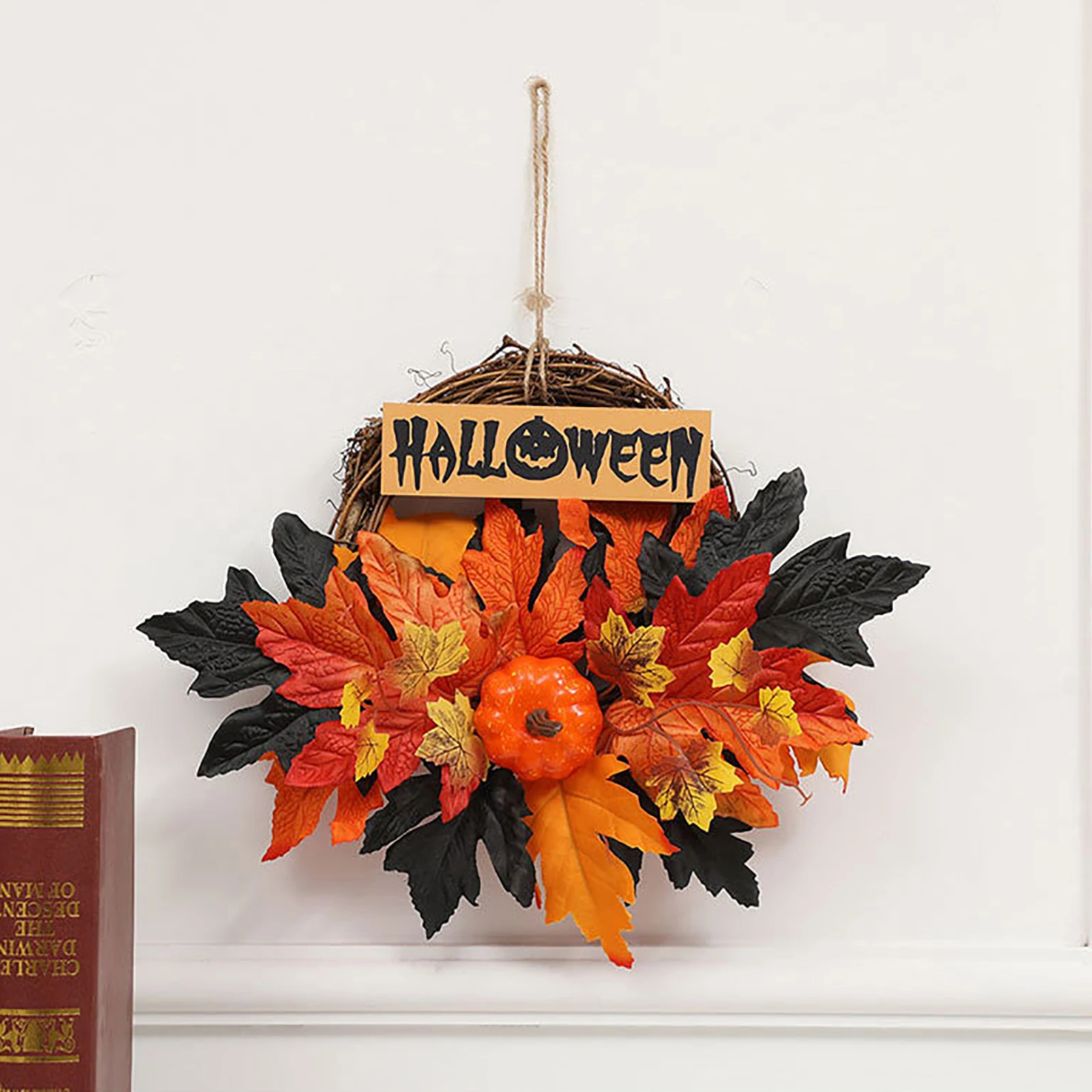 

Осенний венок на Хэллоуин, Искусственные венки для входной двери, 35 см, Искусственный Кленовый лист, тыквенный венок, осенняя гирлянда на Де...