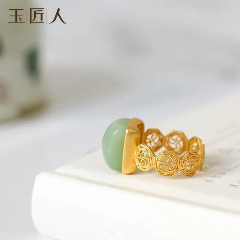 

New Hetian Jade Ring Egg Noodle Jade Ring S925 Sterling Silver Mosaic Jade Ring Female Gift Hot Sale