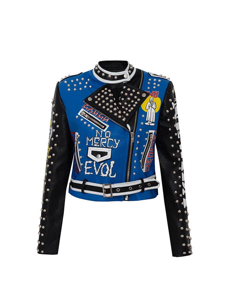 Faux Leather Motorcycle Jackets Women 2023 Trend Punk Rock Style Streetwear Contrast Color Print Studded Leather Jacket Short