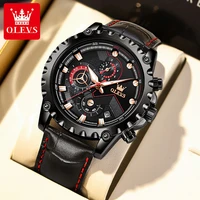 olevs 2022 new multifunctional sports chronograph quartz watch luminous hands all black leather mens watches calendar display