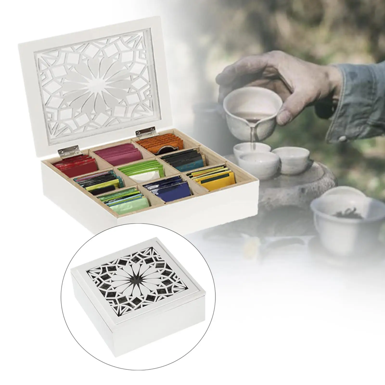 

Wooden Spice Storage Box Sturdy Sugar Case Spice Organizer Tea Box Portable 9 Compartment for Counter Kitchen Bar Restaurant