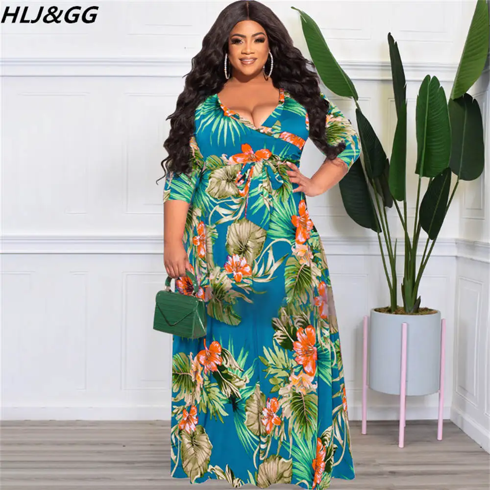 HLJ&GG Women Plus Size Maxi Dresses Sexy Deep V Floral Printed Long Sleeve Belt Dresses Casual A-line Slim Vestidos Clothes 2022