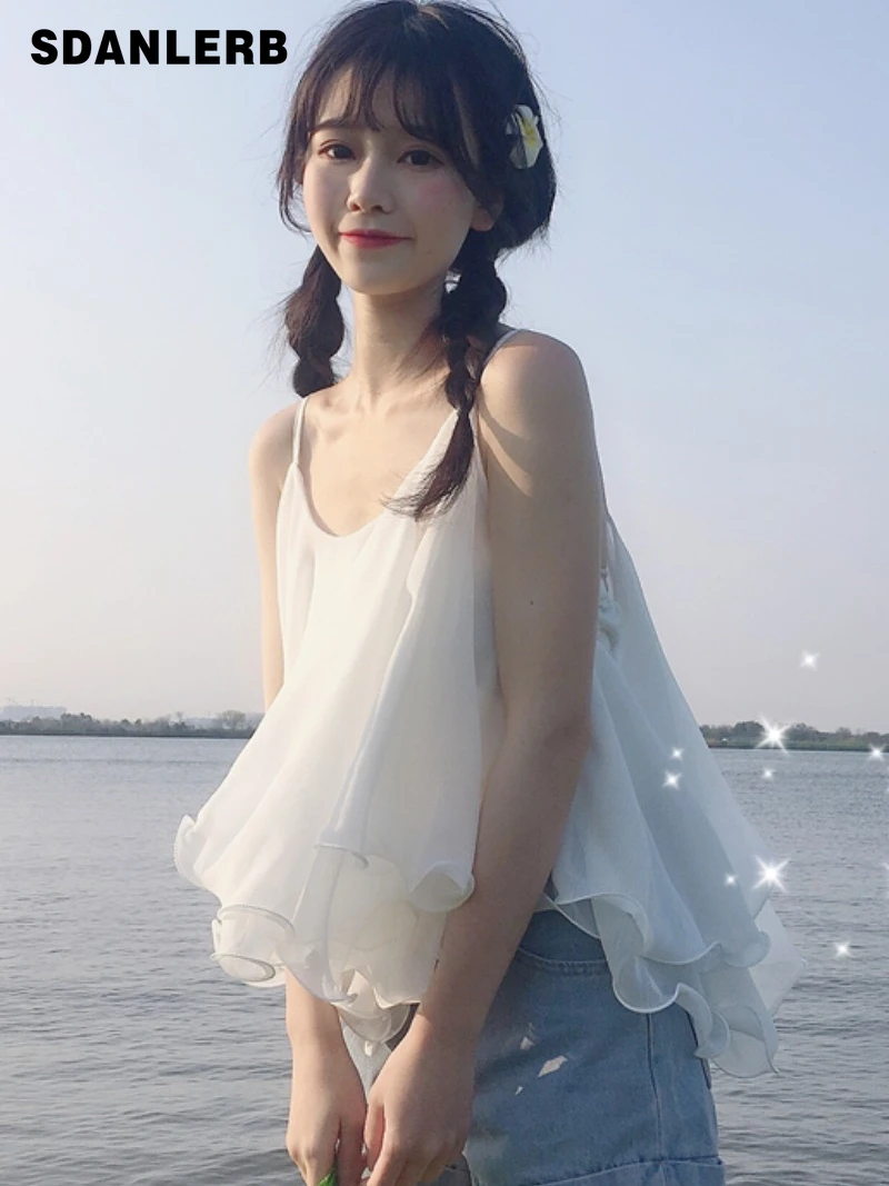 

Однотонный Сказочный шифоновый маленький Топ, женская летняя уличная одежда, рубашка без рукавов с оборками для кукол, Женский Универсальн...