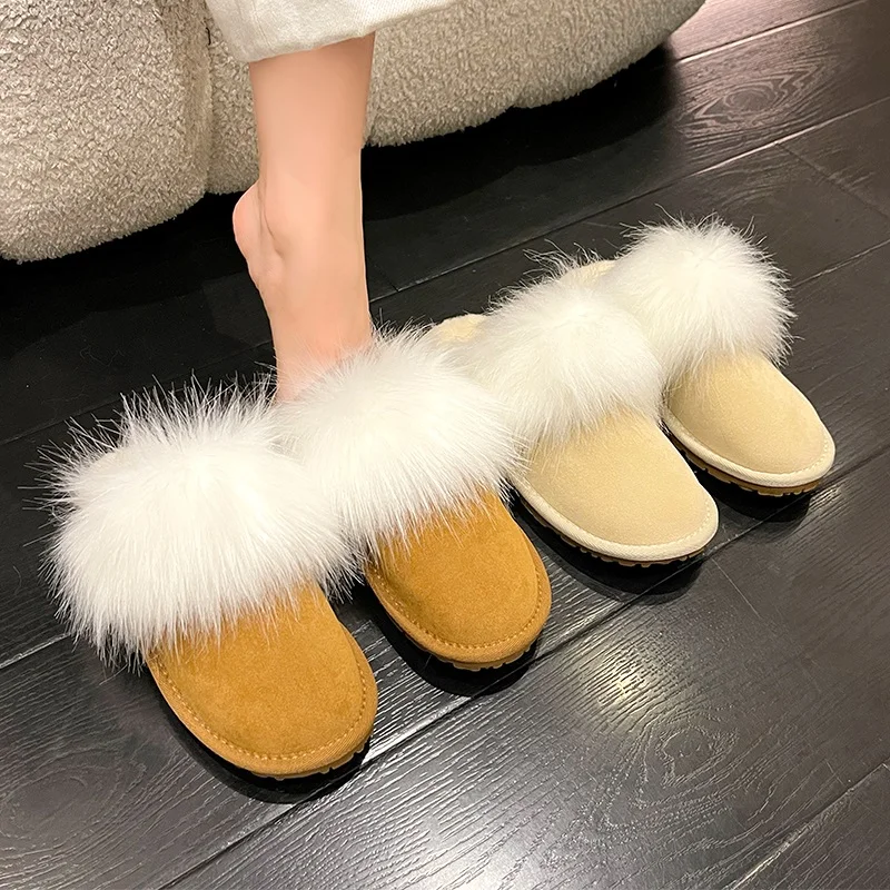 

Shoes Plush Slippers For Adults Beige Heeled Sandals Slipers Women Flock Shallow Winter Footwear Fur Black 2022 Flat Soft