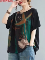 vintage printed women t shirts summer new oversized o neck loose short sleeved patchwork tops tees blouse female clothing 2022