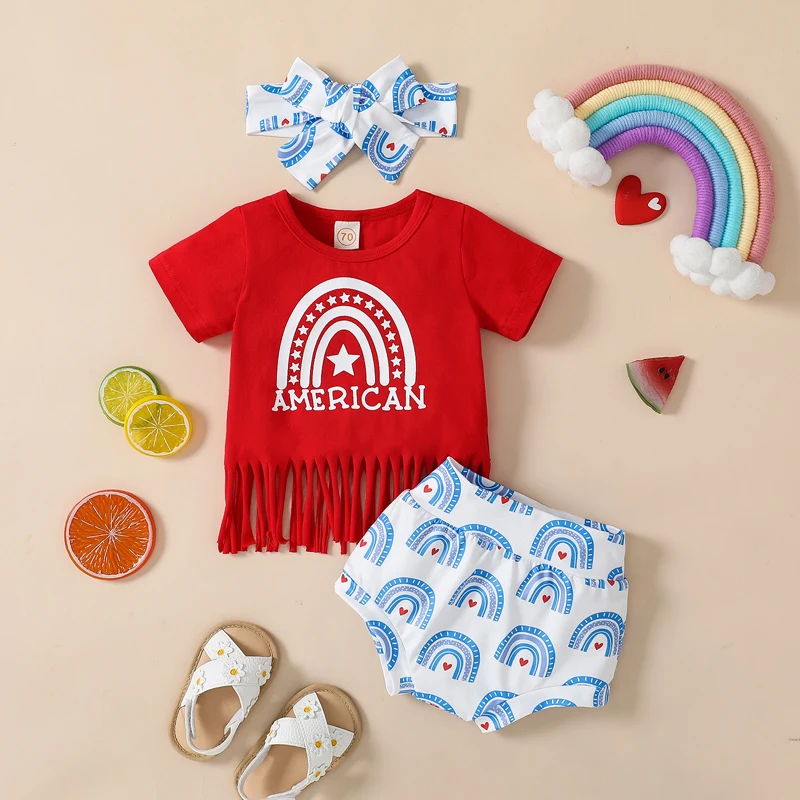 

Newborn Set Baby Girls Toddler Short Sleeve T-shirt with Rainbow Print Shorts and Headband Infant Clothing Outfits Clothes Suit