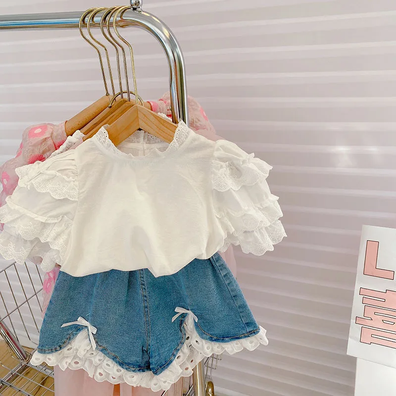 

Wholesale Baby Girl Summer Set Suit 2022 Children Clothing White Tshirt+Shorts Kids Clothes Girls Tracksuit