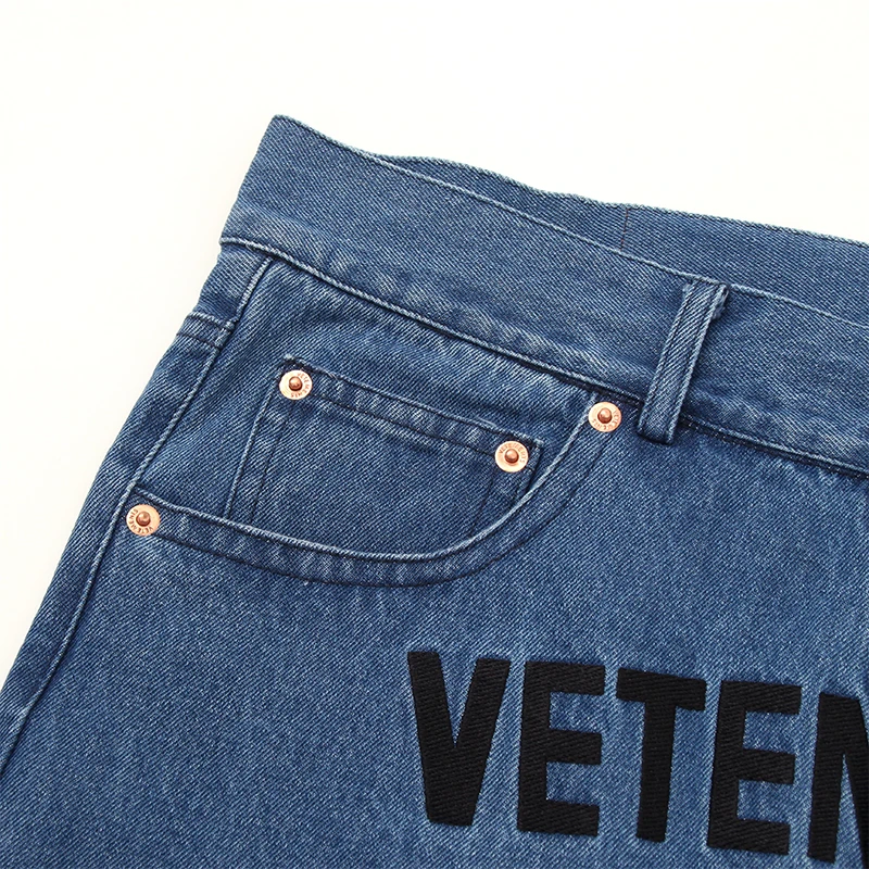 VETEMENTS  Letter Embroidered Wash Blue American Casual Retro Loose Straight Leg Denim Pants