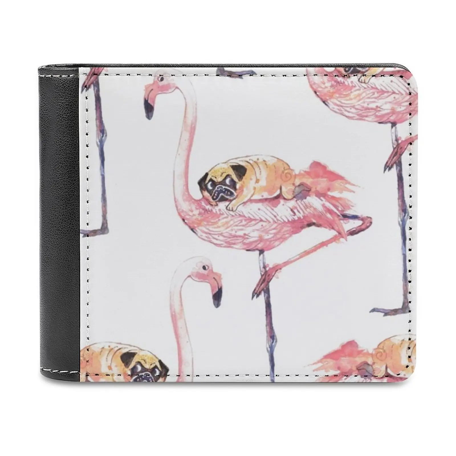 

Flamingo And Pug Watercolor Men's Wallet Leather Purse Holder Credit Card Short Wallet Flamingo Pug Watercolor Summer Huebucket