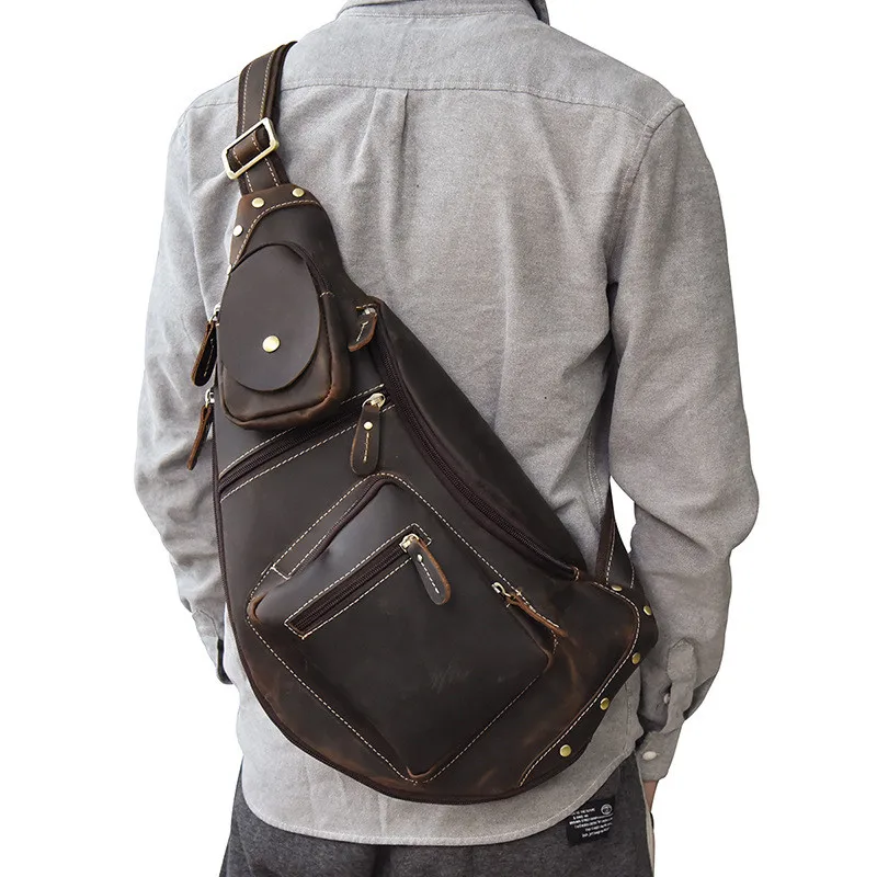 Retro personality multi-pocket design genuine leather men's chest bag outdoor travel crazy horse cowhide shoulder crossbody bag