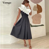 verngo classic white and black a line prom party dresses one shoulder satin tea length evening formal gowns robe de cocktail