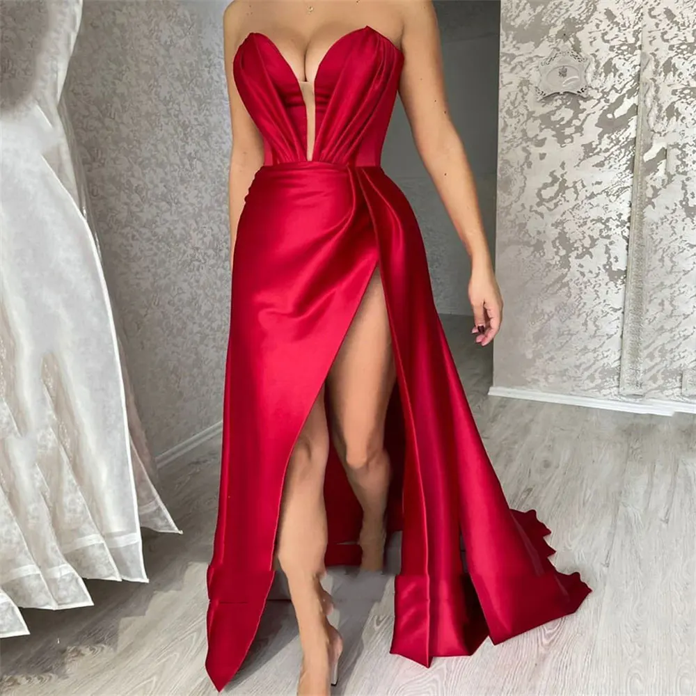 

Red Mermaid Pleat Sweetheart Evening Gowns Sweetheart Prom Dresses Sexy Side Split Satin Evening Party Dress Vestidos De Noche