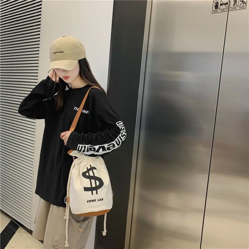 Men's women's Canvas tote bag Causual Crossbody Money Symbol  High-capacity Whte Bucket Bags For Traveling Gym Commute Backpack