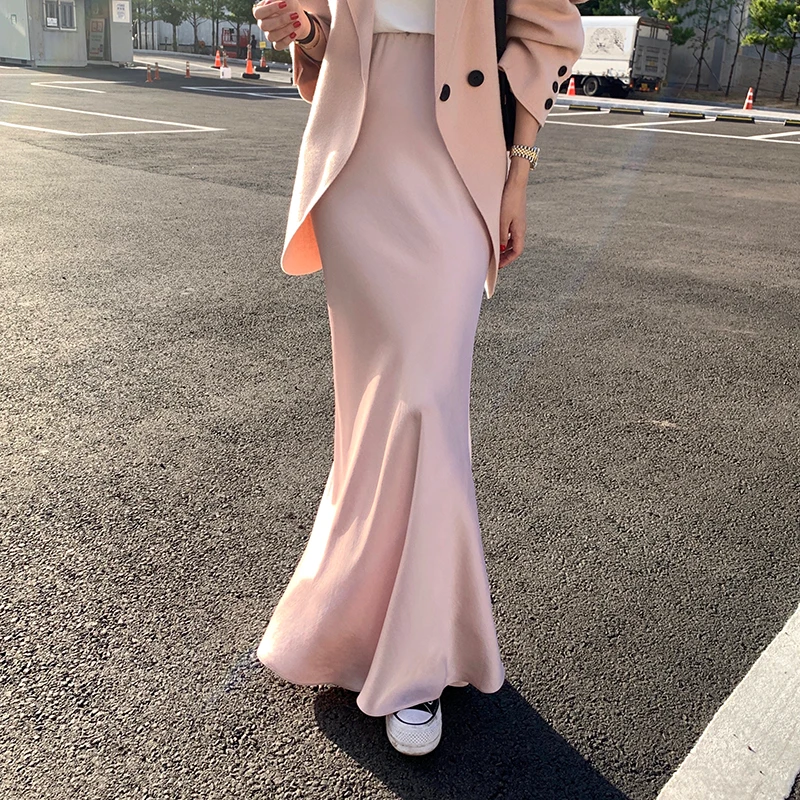 

F GIRLSSkirt темпераментная элегантная тонкая трапециевидная Розовая атласная юбка с высокой талией Женская шелковая шифоновая модная юбка в Ко...