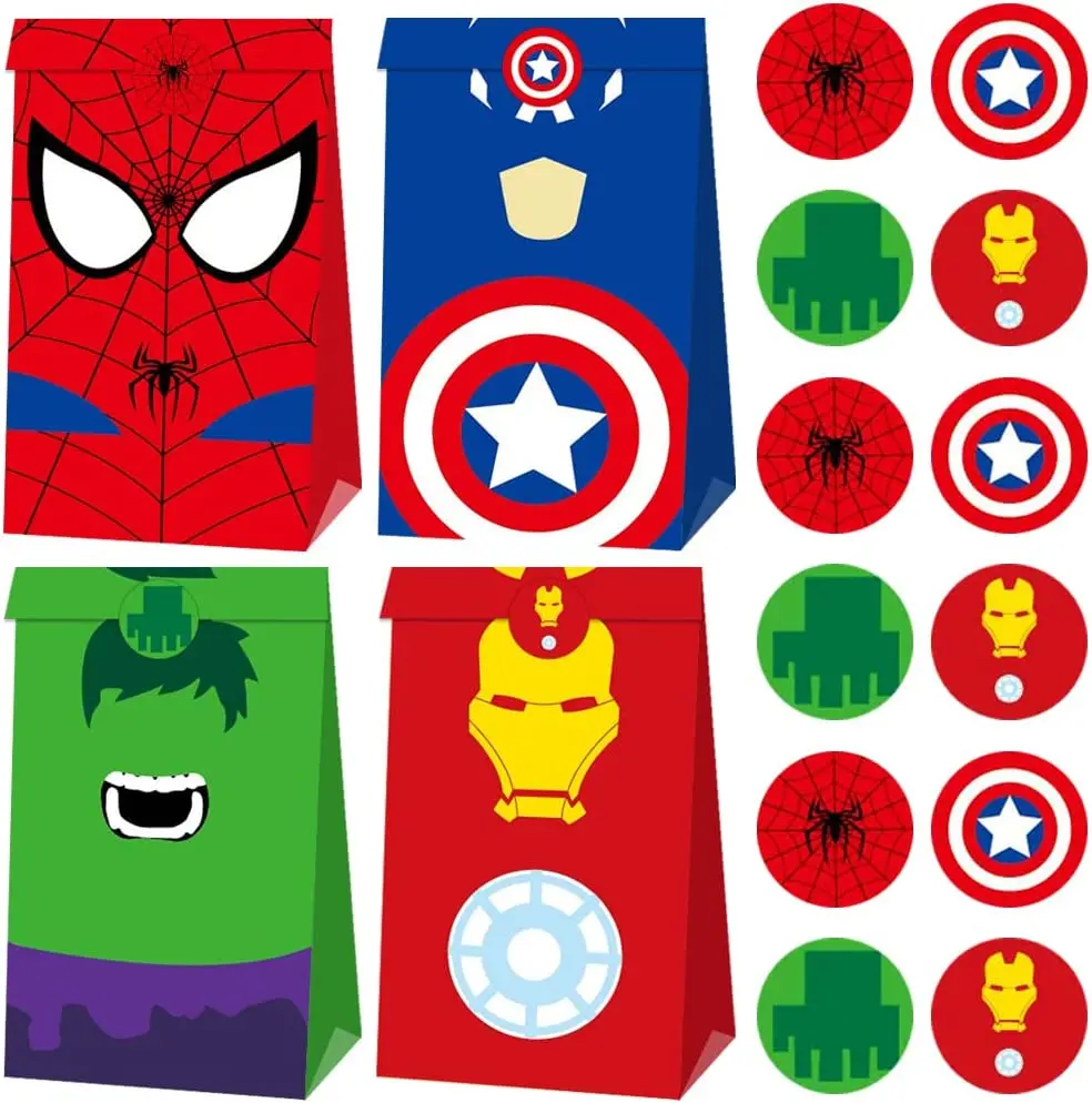 

12-48Pcs Superhero Spiderman Goodie Gift Bag with Stickers The Avengers Hulk Candy Box Baby Shower Kids Birthday Party Decor