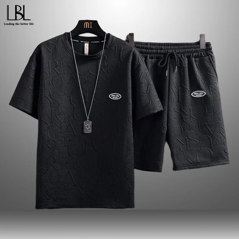

2023 Summer New Men's Solid Color sets Loose Printed T-Shirt Sets Casual Pullovers Men's Suit Oversized Tops Korean Tee