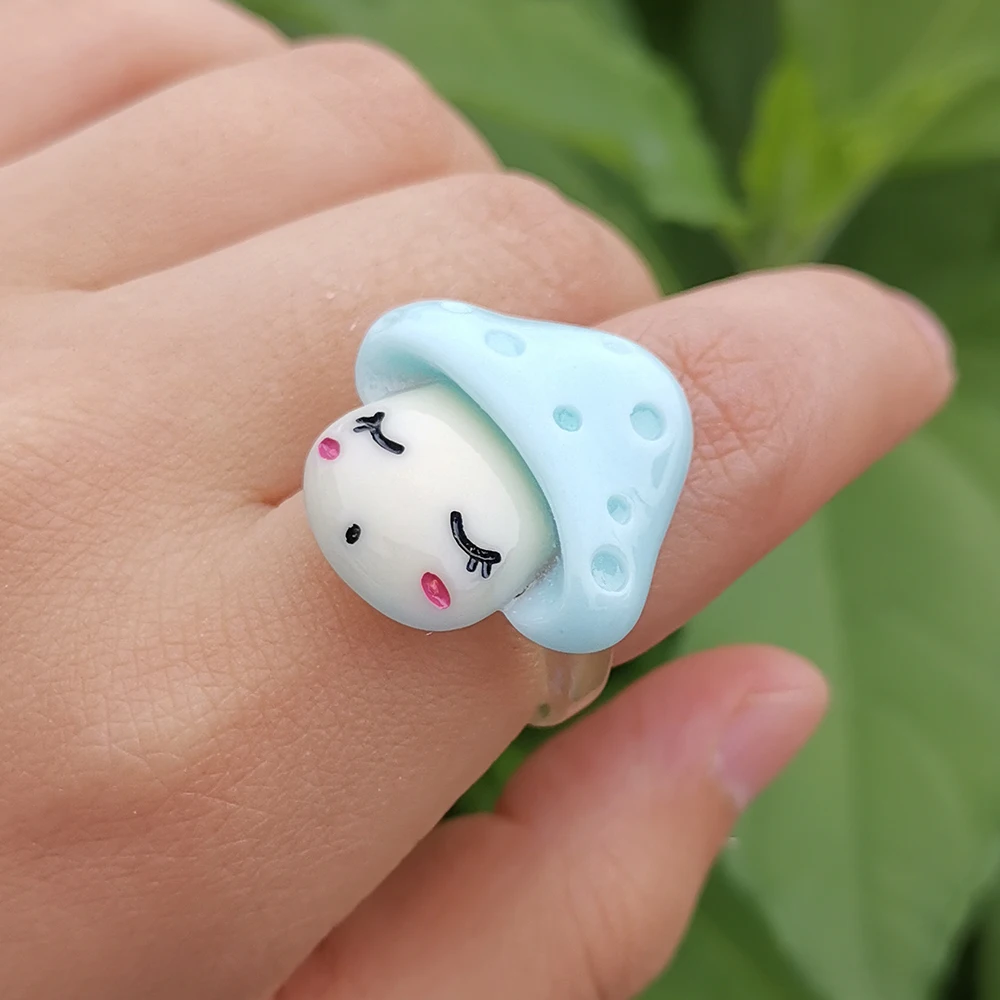 

Fashion Cute Girl Acrylic Mushroom Ring Childlike Funny Face Children's Jewelry Party Gift Jewelry Wholesale