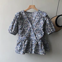 qoerlin one button v neck women shirts summer short sleeve loose elegant korean fashion ruffles blue printed floral tops blouses