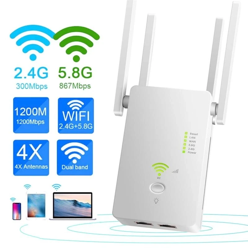 5G Dual Band WiFi Range Extender 1200Mbps WiFi Repeater with RJ45 Cable Wireless Signal Booster for Home