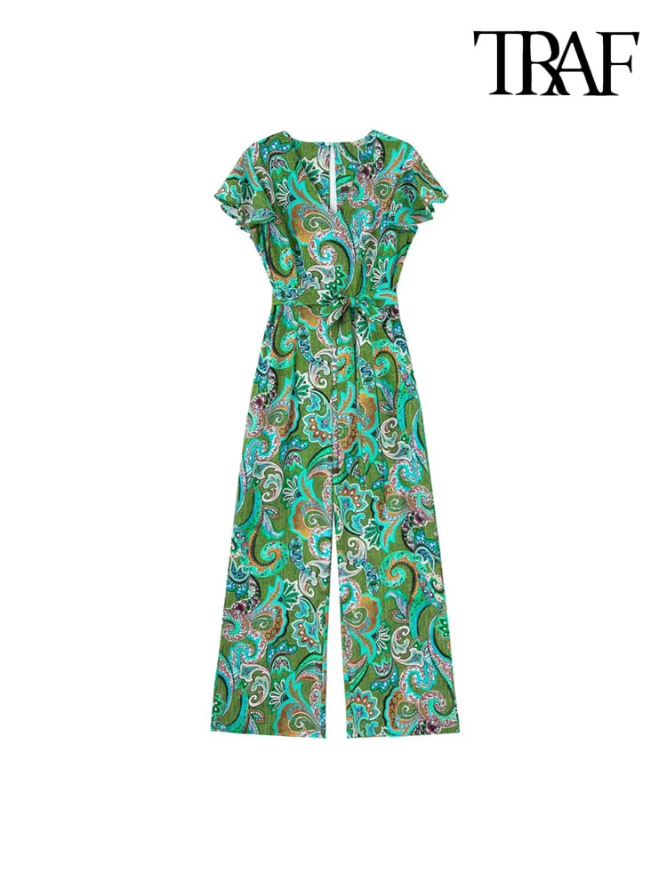 

TRAF Women Fashion With Belt Printed Wide Leg Jumpsuits Vintage Ruffled Short Sleeve Back Zipper Female Playsuits Mujer