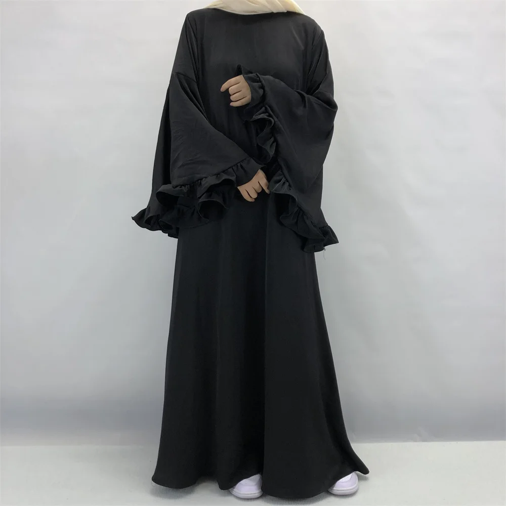 Dubai Flowy Abaya Big Ruffle Sleeve Islamic Clothing Muslim Women Zip Maxi Dress Flare Cuff Modest Shiny Soft Velvet Satin Cloth
