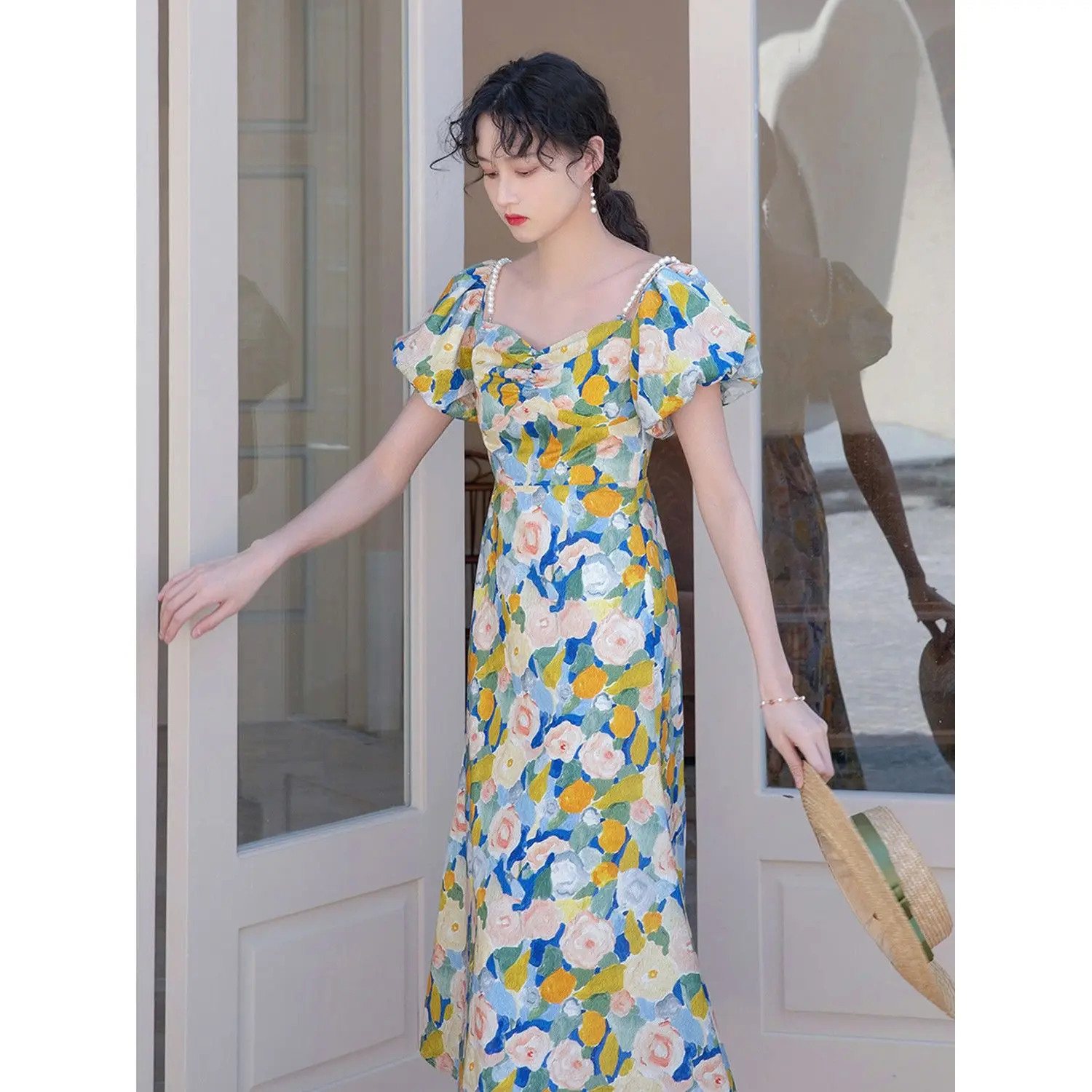 

STSVZORR French retro dress gentle and elegant oil painting print slit pleated micro fishtail summer new product