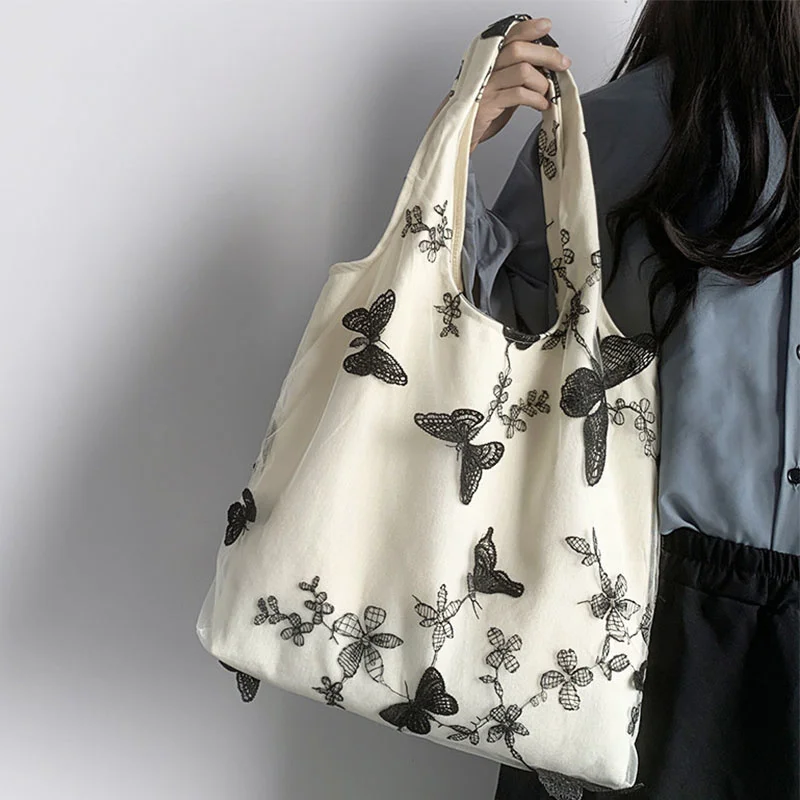 

Модные сумки с вышивкой бабочки для женщин, Холщовая Сумка на плечо, роскошная дизайнерская сумка-тоут из пряжи, Повседневная сумка для покупок, кошельки
