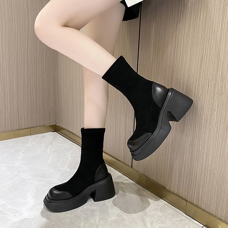 2023 British School Tight Boots Square Toe Platform Thick Heels Flocking Convenient Thigh High Boots Boots Women