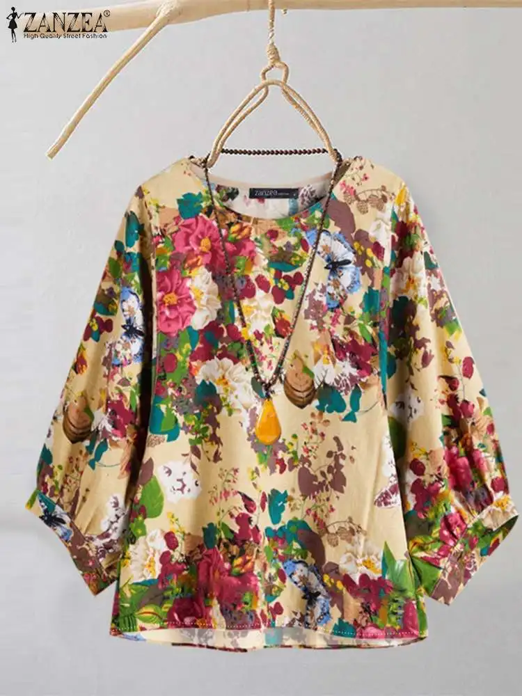 Блузка ZANZEA женская с цветочным принтом повседневная свободная туника рукавом 2024