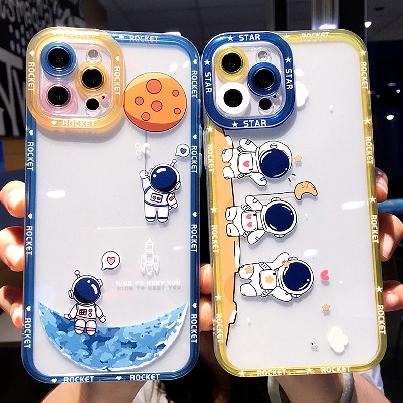 

Cute Transparent Astronaut Phone Case For iPhone 11 12 13 Pro Max XS X XR 7 8 Plus SE 2020 Shockproof Bumper Back Cover