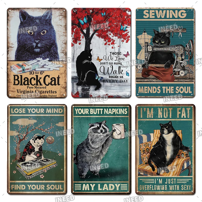 

INEED Retro Decor Funny Black Cat Metal Plaque Bathroom Vintage Posters Toliet Decor Art Wall Decoration Cafe Cat Iron Painting