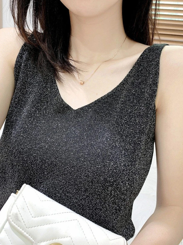 

Яркий Шелковый вязаный жилет SVOKOR, женский свободный кроп-топ, однотонный V-образный вырез, простой базовый Тонкий Повседневный Топ, Корейская уличная одежда