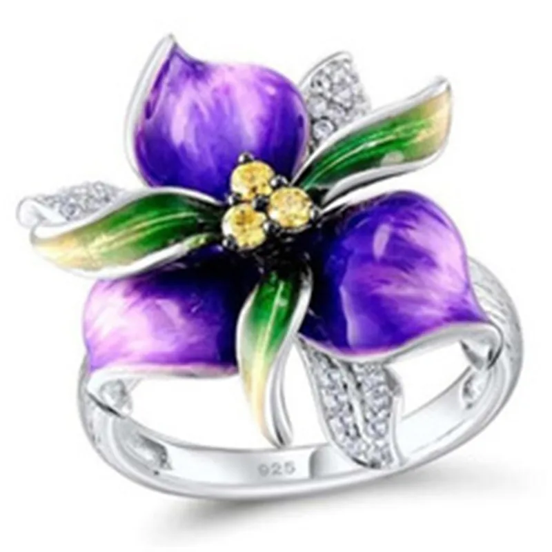 

Milangirl Fashion Delicate Purple Epoxy Flowers Yellow Crystal Designer Ring for Women AAA Zircon Rings Jewelry