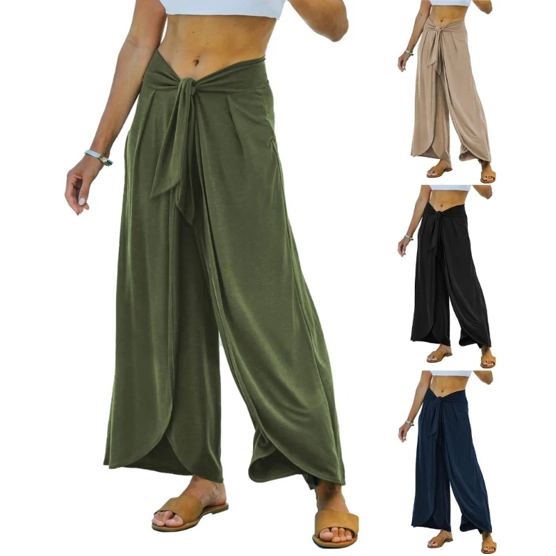 

Летние брюки-палаццо для женщин, повседневные широкие брюки с высокой талией и поясом, Прямая доставка