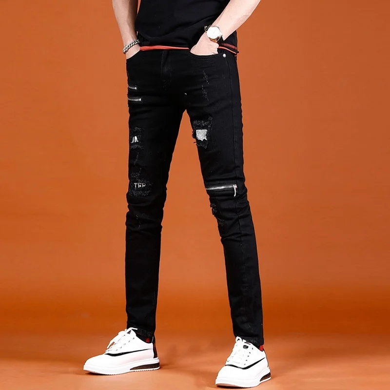 Black Jeans Men Fashion Zipper Ripped Patch Jean Streetwear Casual Cotton Slim Fit Denim Pants