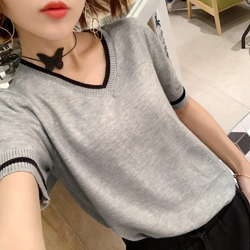 

Women's V Neck Short Solid Color Loose Bottoming Sweater 2021 Spring Summer New Pullover Short-sleeved Female Elegant T-shirts