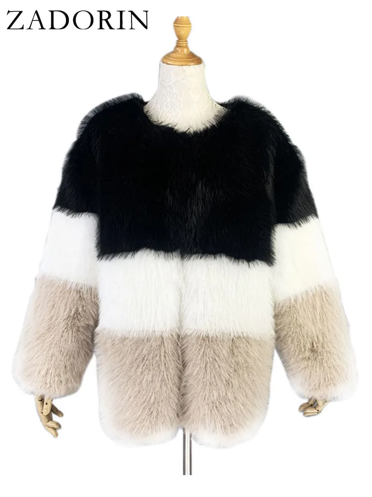 ZADORIN Autumn Winter Faux Fur Jacket Women 2022 New Elegant 3 Colors Patchworked Mid Long Faux Fur Coat Fluffy Jacket Women