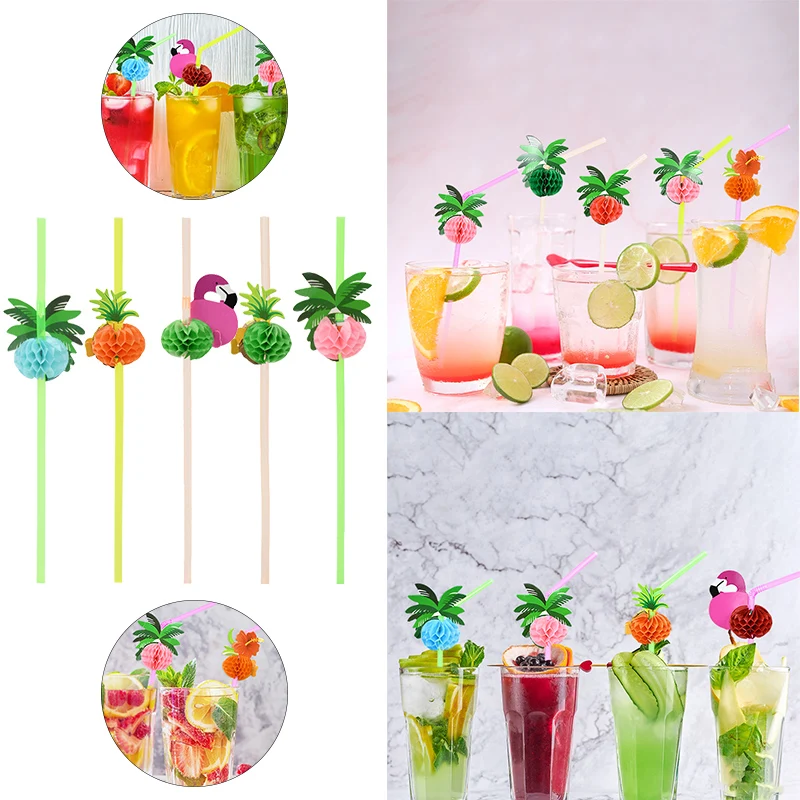 

25pcs Disposable Flamingo Coconut Tree Plastic Straws Honeycomb Juice Cocktail Drinking Straws Tropical Hawaii Beach Party Decor