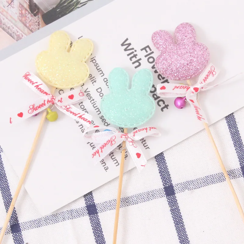 

5pcs Bells Cute Rabbits Cake Topper Happy Birthday Party Baby Shower Boy or Girl Cake Decoration Kids Toppers for Cupcakes