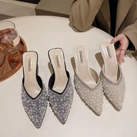 2022 new high heel sandals slippers female outside summer 2022 new pearl celebrity pointed fashion super fairy lady sandals