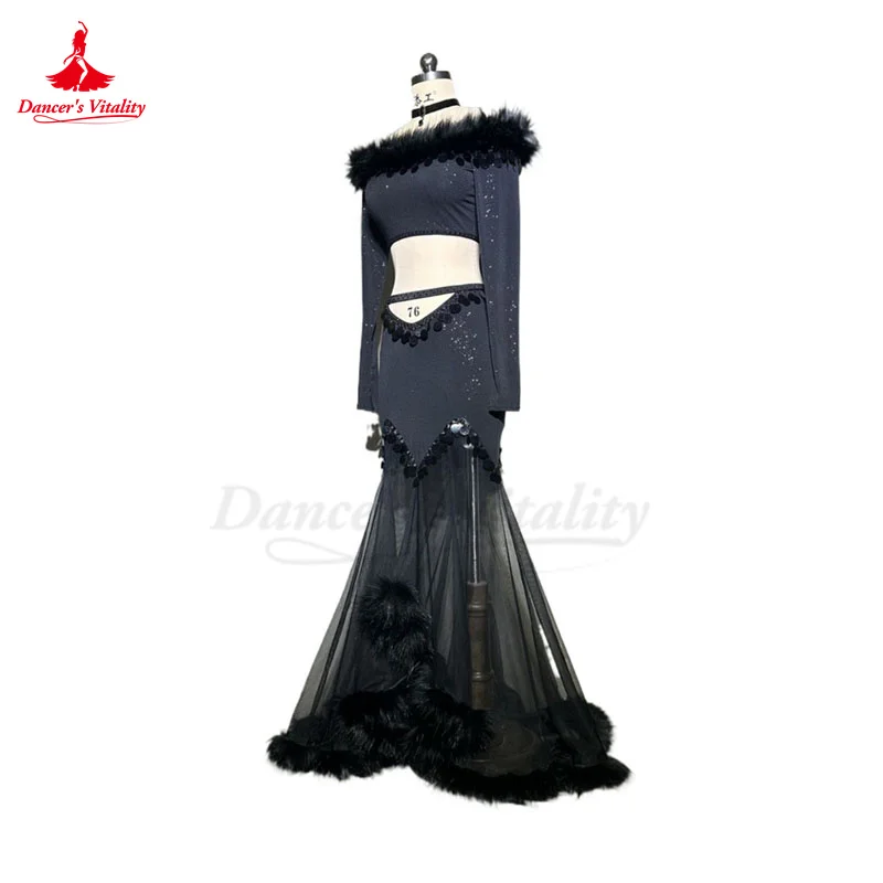 Женский костюм для танца живота топ с длинными рукавами и перьями + длинная юбка