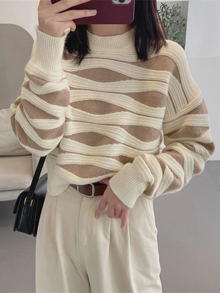 

Women‘s Winter Sweater 2023 Oversize Loose Pullover Casual Korean Fashion Print Striped Knitted Pullover for Women Jumper Female