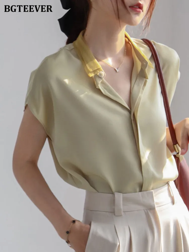 

Элегантные женские рубашки BGTEEVER с отложным воротником, летние свободные однобортные женские блузки с коротким рукавом, топы