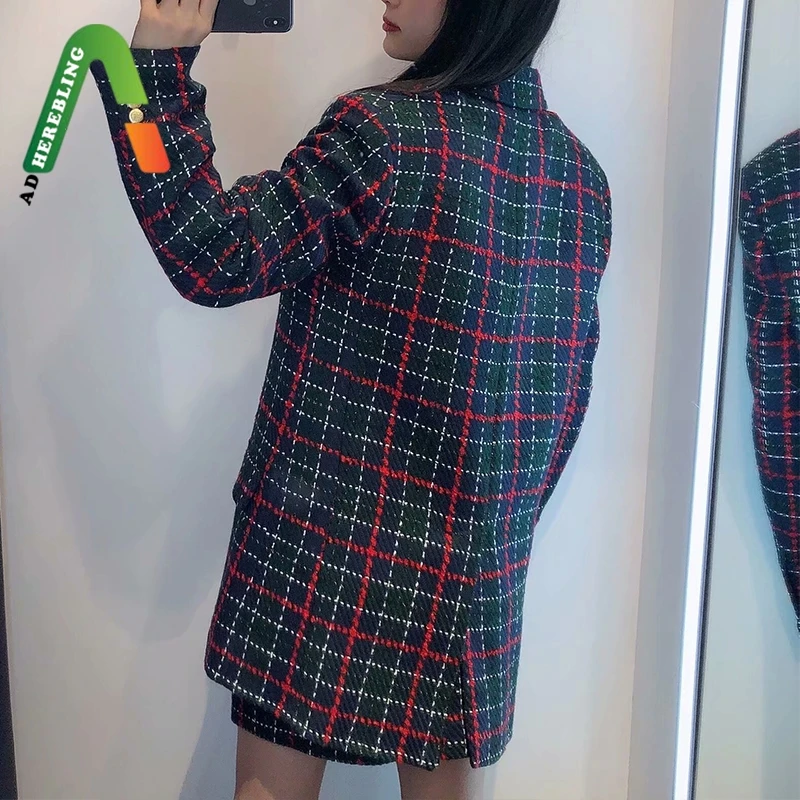 Женский костюм-двойка в клетку Adherebling деловой костюм с двубортным блейзером и