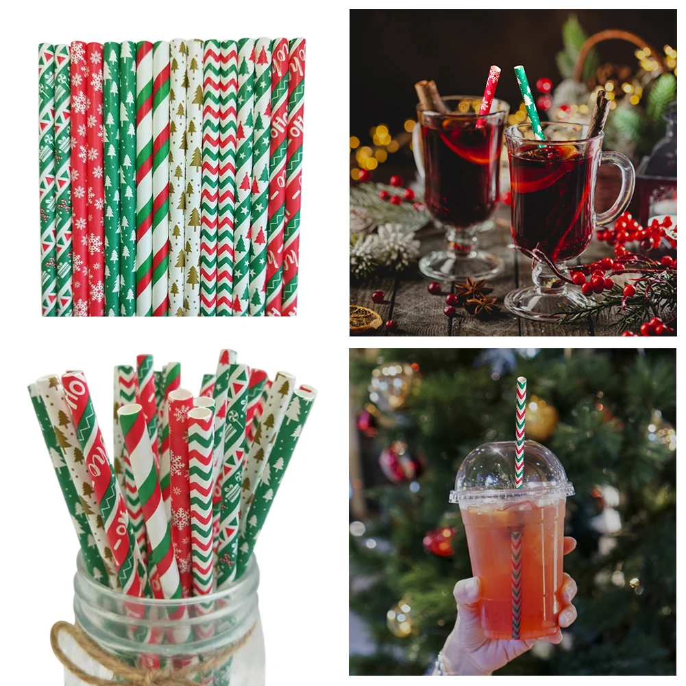 

25Pcs Christmas Paper Straws Disposable Biodegradable Drinking Straw for New Year Wedding Birthday Party Event Supplies