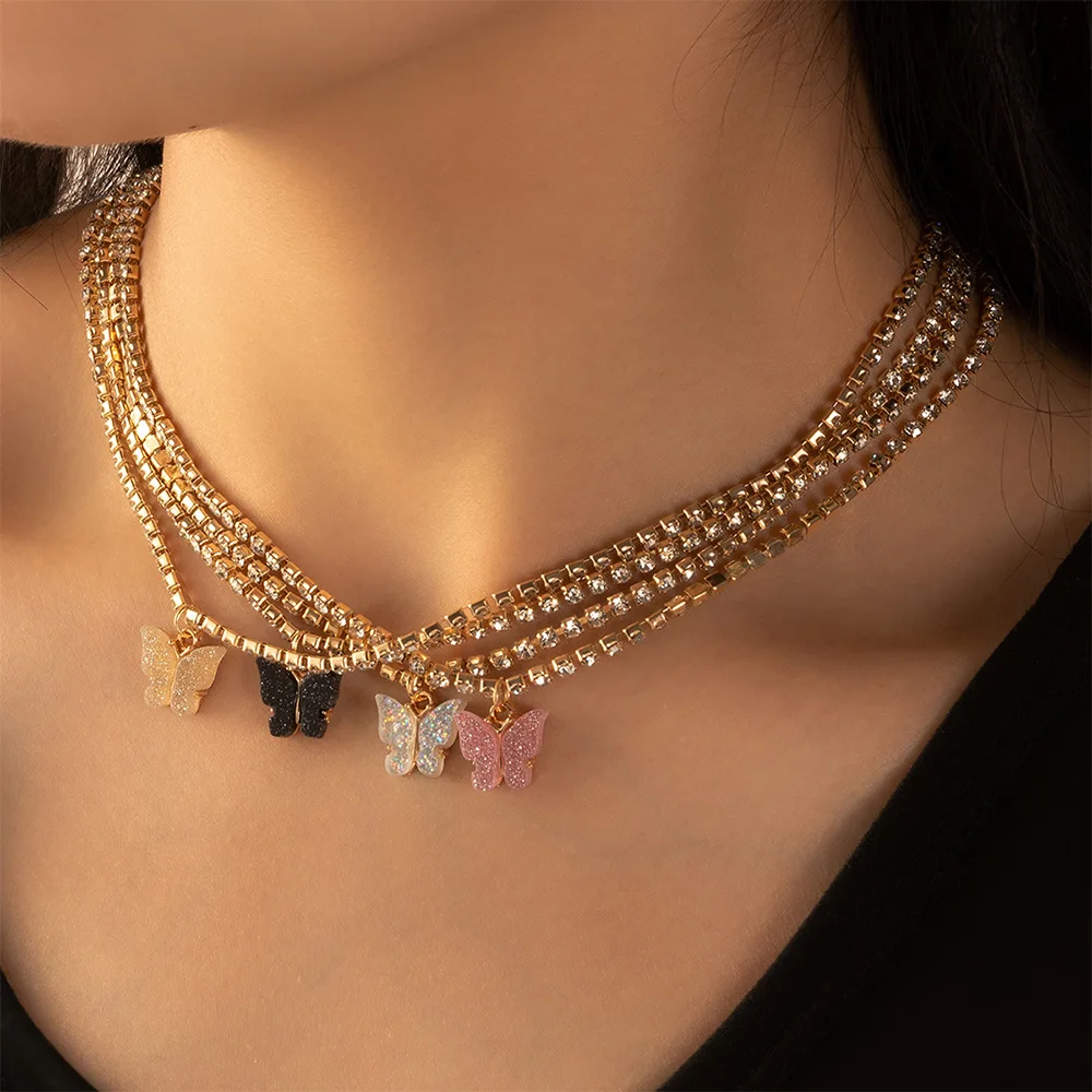 

Cute Women Jewelry Butterfly Choker Necklace Female Rhinestone Shining Statement Crystal Charm Choker Necklace for Woman Gift