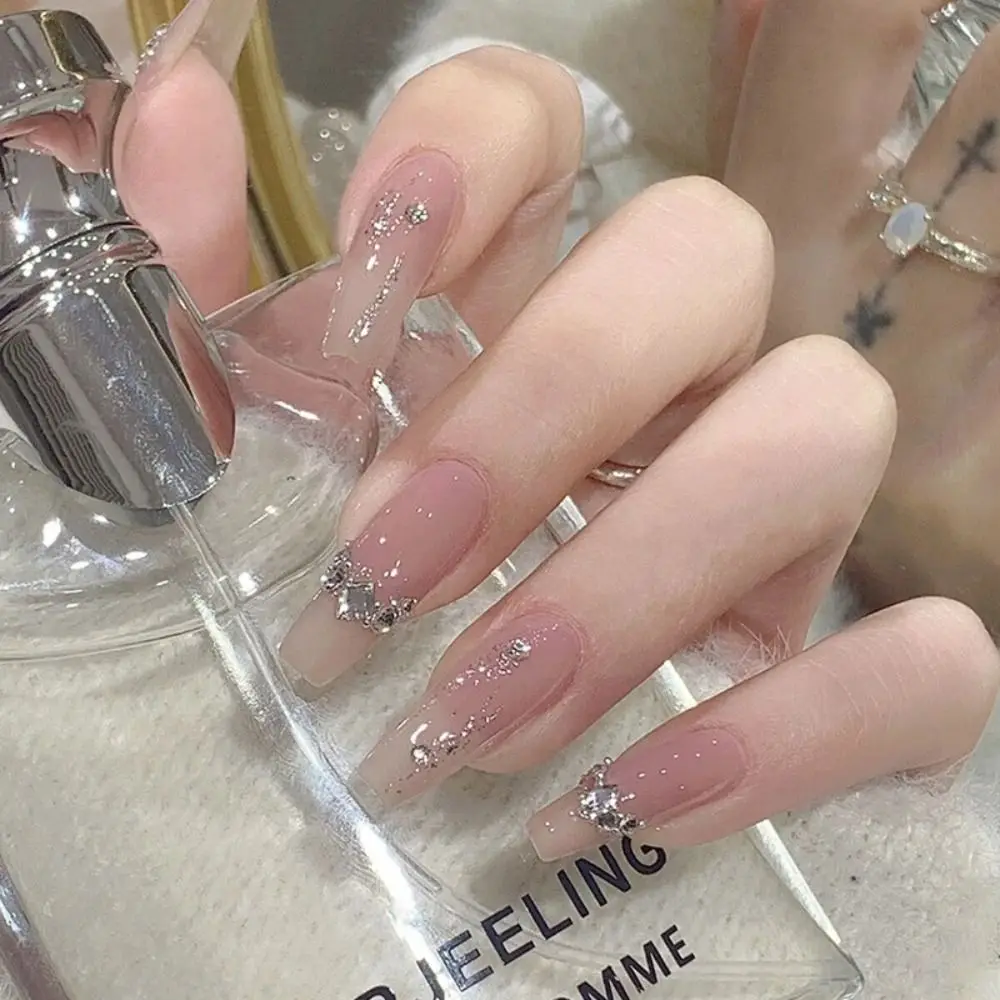 

Накладные ногти во французском стиле, блестящий дизайн с бантом, накладные ногти средней длины, Акриловые искусственные ногти балерины