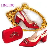 latest red color womens shoes and handbag african set sets 2022 italian ladies shoes and handbags med heel mm6003