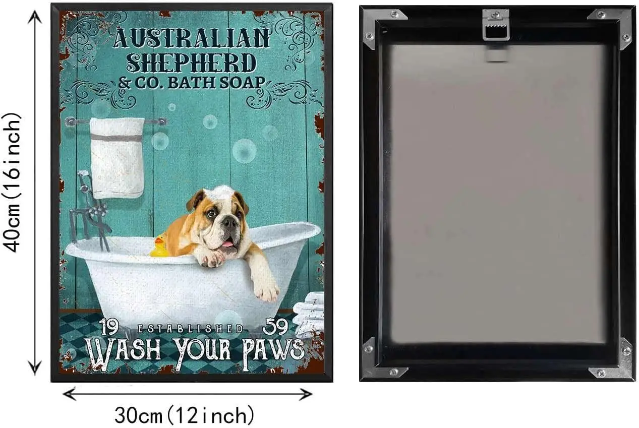 Tn Sgn ustrln Sheph Co Bth Sop Vntge Funny Dog Wsh Your Pw Wll rt Decor Metl 12x16nch-Wth Blck Frme